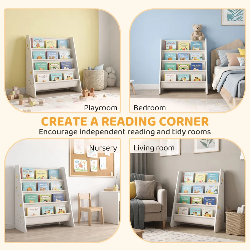 Qaba Fabric Kids Bookshelf, 4-Tier Toddler Sling Book Rack for Playroom, Bedroom, Nursery and Kids Room for Ages 3-6, White