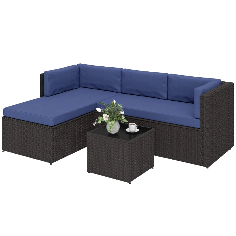 Outsunny 3 Piece Patio Furniture Set, Wicker Outdoor Patio Conversation Furniture Set with Cushions, Glass Top Table, Navy Blue