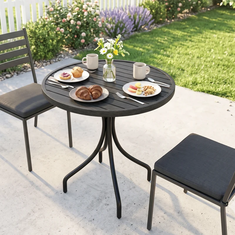 Outsunny 26" Round Patio Table, Outdoor Side Table with Steel Frame and Slat Tabletop for Garden, Backyard, Distressed Gray