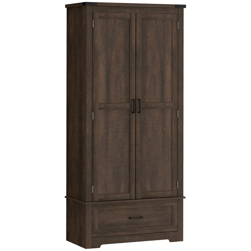 HOMCOM 69" Tall Farmhouse Kitchen Pantry Cabinet with 2 Doors, Drawer and Adjustable Shelves, Dark Brown
