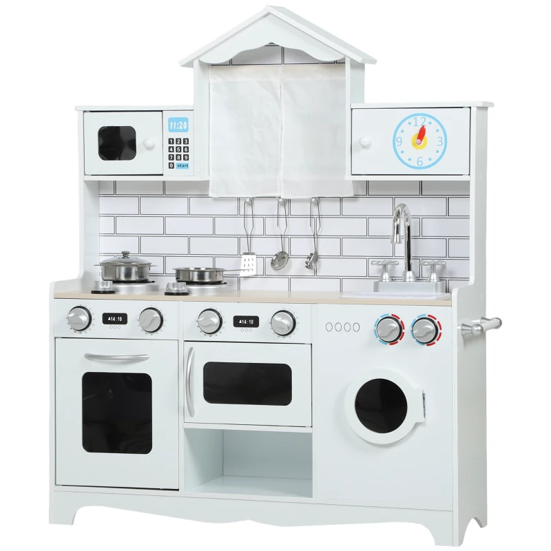 Qaba Pretend Play Kitchen for Kids, Pretend Kids Kitchen Playset with Switch Knob Sound, Clock, for Ages 3-6 Years, White