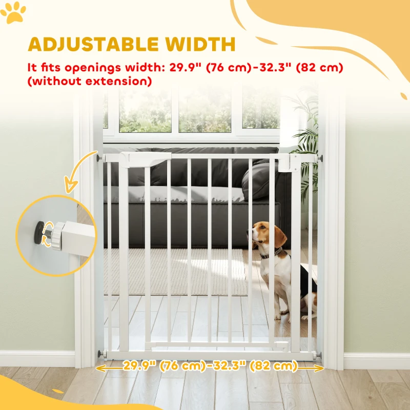 PawHut Baby Gate, Pet Safety Gate Pressure Fit, 30"-32" Wide with Two-Way Open, Auto-Close for Stair, Doorways, Hallways, White