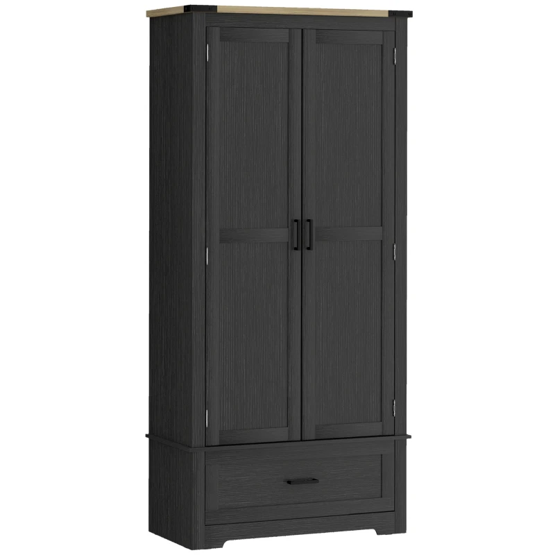 HOMCOM 69" Tall Farmhouse Kitchen Pantry Cabinet with 2 Doors, Drawer and Adjustable Shelves, Black and Brown