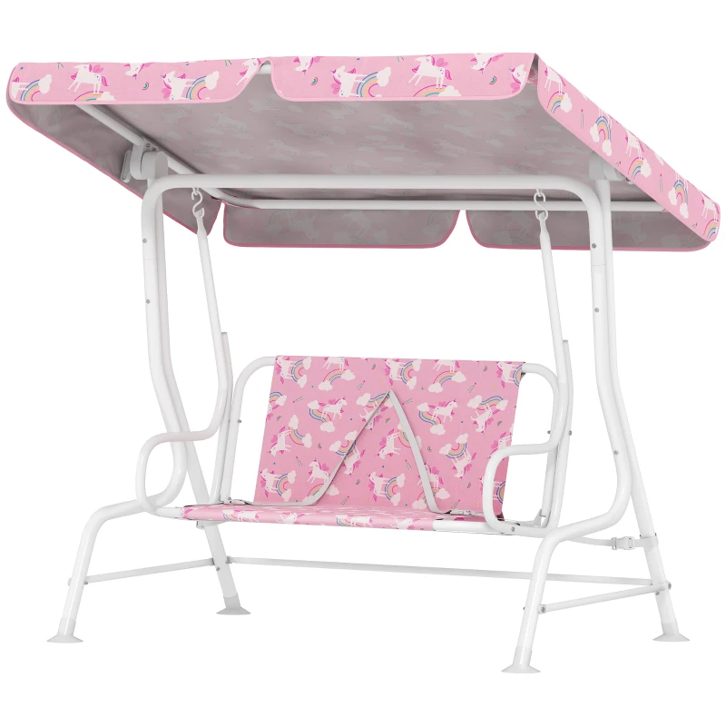Qaba Kids Porch Swing, 2-Seater Patio Swing Bench with Safety Belts, Adjustable Canopy for Backyard, Garden, Pink
