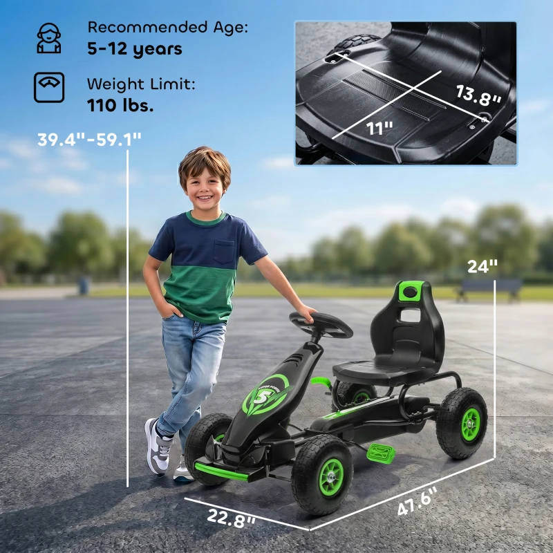 Aosom Ergonomic Pedal Go Kart Kids Ride-on Toy with Tough, Wear-Resistant Tread for Boys & Girls, Ages 5-12, Green