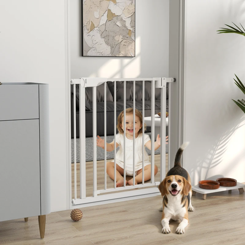 PawHut Baby Gate, Pet Safety Gate Pressure Fit, 30"-32" Wide with Two-Way Open, Auto-Close for Stair, Doorways, Hallways, White