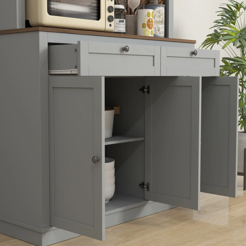 HOMCOM 71" Pantry Cabinet with Microwave Space, Buffet with Hutch, 2 Drawers, Adjustable Shelves and Glass Doors, Grey