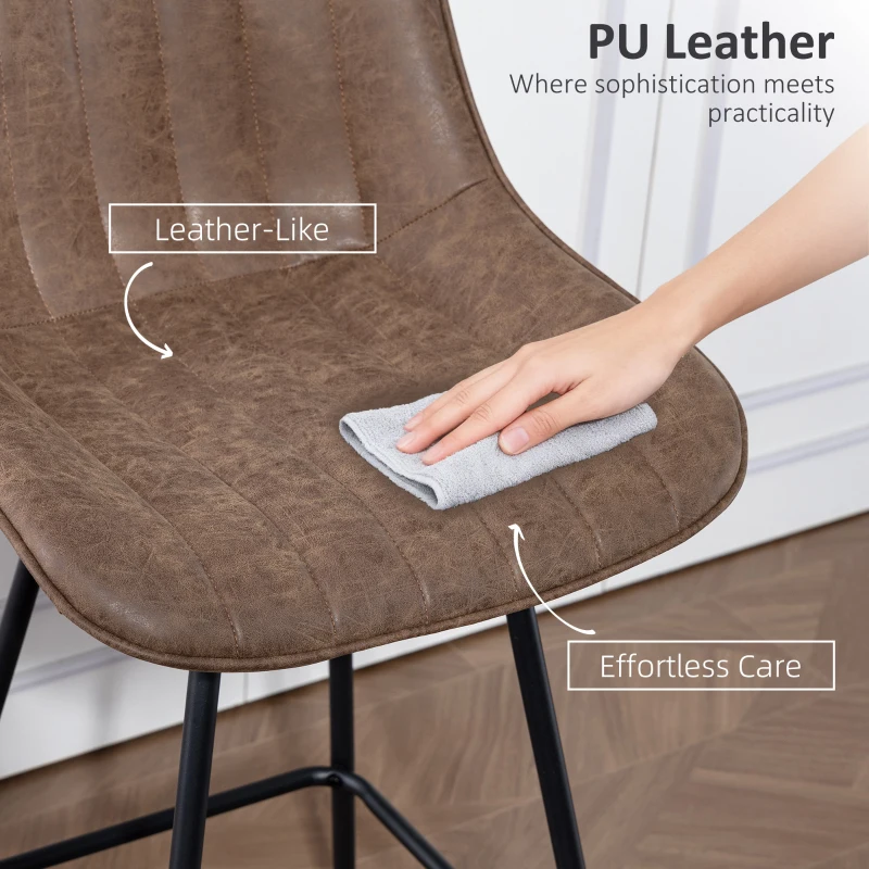 HOMCOM Set of 2 Counter Height Barstools, PU Leather Upholstered Bar Stools with Backrest, Footrest and Steel Legs, Brown