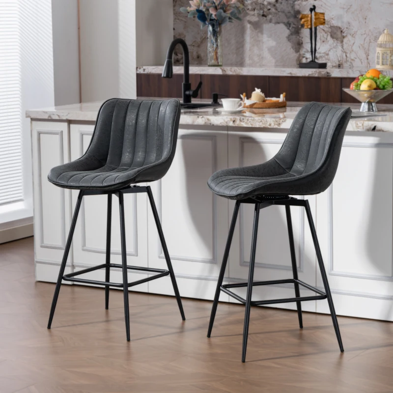 HOMCOM Set of 2 Counter Height Barstools, PU Leather Upholstered Bar Stools with Backrest, Footrest and Steel Legs, Black