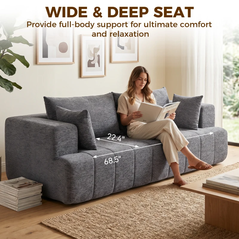 HOMCOM 3 Seater Sofa, Chenille Boneless Cloud Couch with Thick Spring Cushion, Wide and Deep Seat, Wide Armrests, Grey