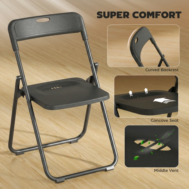 HOMCOM Folding Chairs 6 Pack, Plastic Foldable Chairs with Vent, Carry Hole and Steel Frame for Home, Office, Dining, Black