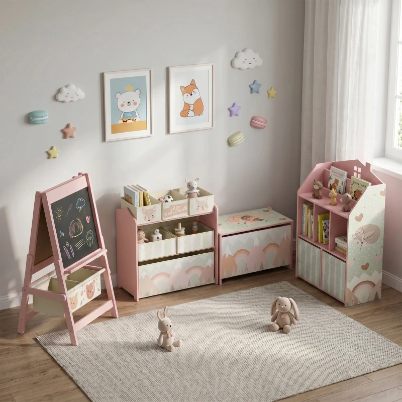 Qaba Kids Bookshelf with Storage, Toy Storage Unit with Book Display, Shelves and Fabric Drawers for Playroom Nursery, Pink