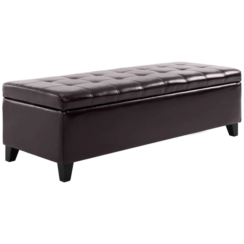 HOMCOM Storage Ottoman Bench, Foot Rest with Solid Wood Legs, 51 Inches PU Leather Storage Chest for Living Room, Brown