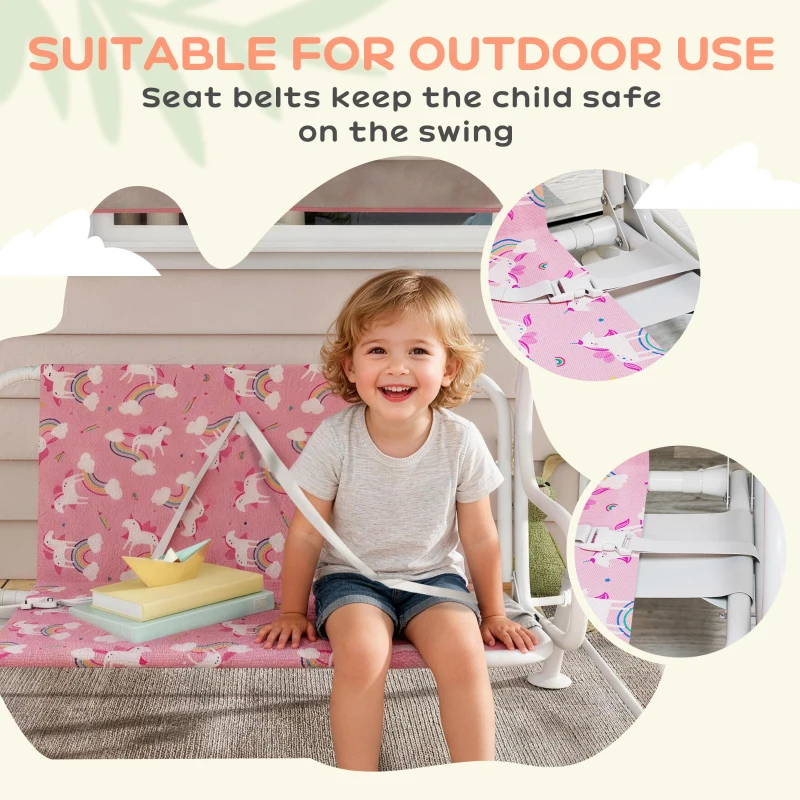 Qaba Kids Porch Swing, 2-Seater Patio Swing Bench with Safety Belts, Adjustable Canopy for Backyard, Garden, Pink