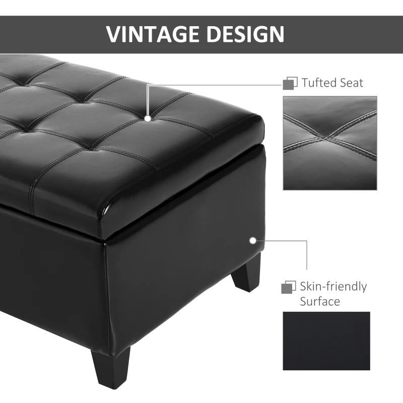 HOMCOM Storage Ottoman Bench, Foot Rest with Solid Wood Legs, 51 Inches PU Leather Storage Chest for Living Room, Black