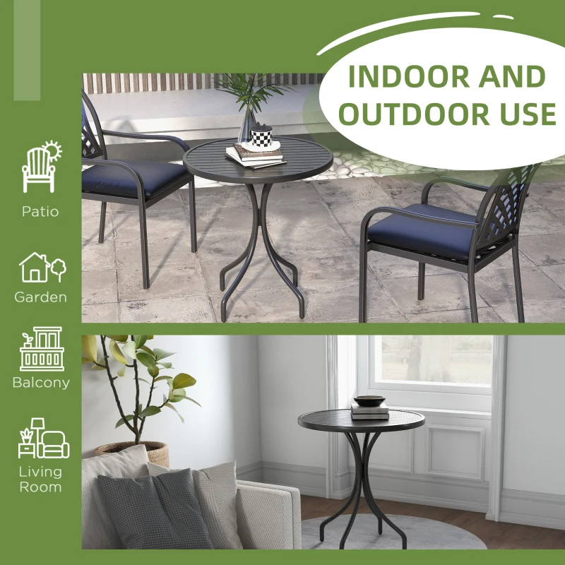 Outsunny 26" Round Patio Table, Outdoor Side Table with Steel Frame and Slat Tabletop for Garden, Balcony, Black