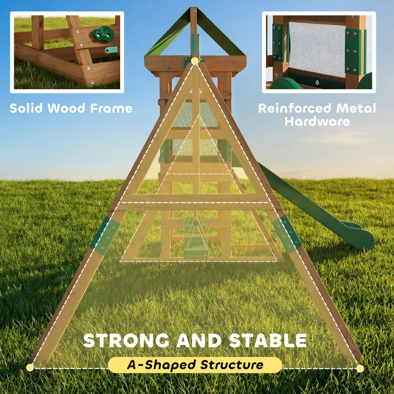 Qaba Wood Swing Set, Outdoor Playset with Slide, 2 Swings, Rock Wall and Covered Upper Deck, Kids Outdoor Playground