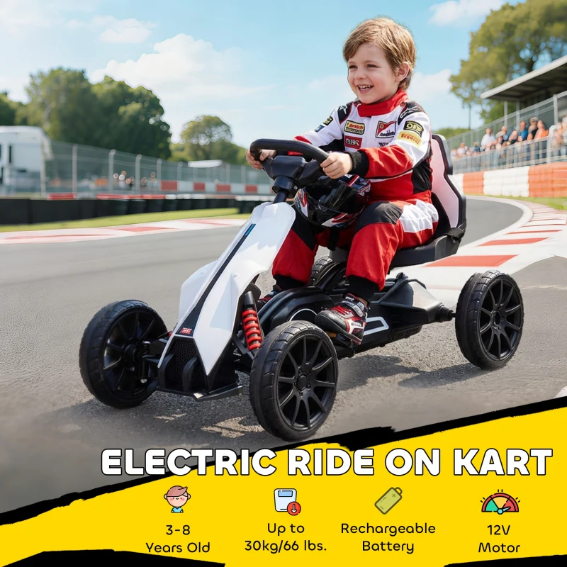 Aosom 12V Electric Go Kart for Kids, Ride On Toy with EVA Tires, 2 Speeds, Adjustable Seat, Safety Belt for 3-8 Years, White