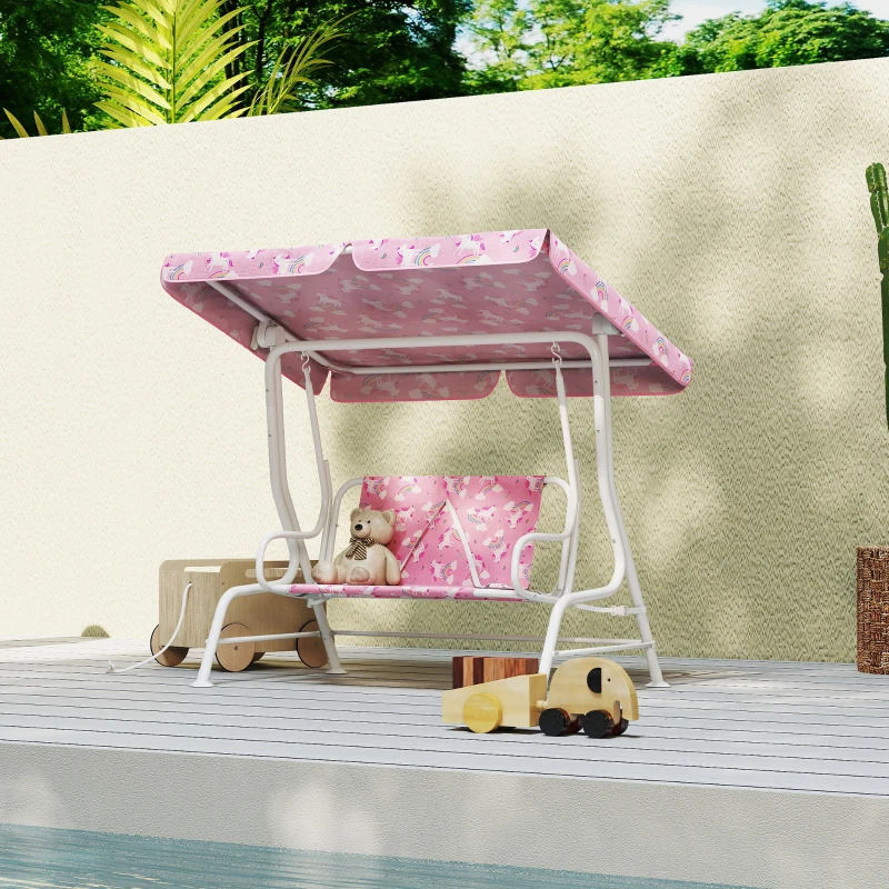 Qaba Kids Porch Swing, 2-Seater Patio Swing Bench with Safety Belts, Adjustable Canopy for Backyard, Garden, Pink