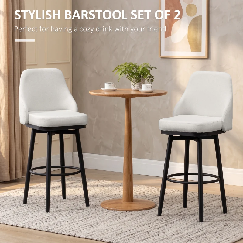 HOMCOM Bar Height Bar Stools Set of 2, Modern 360° Swivel Kitchen Chairs with Steel Legs and Footrest, 29.5 Inch Seat Height Upholstered Barstools for Kitchen Island, Cream White
