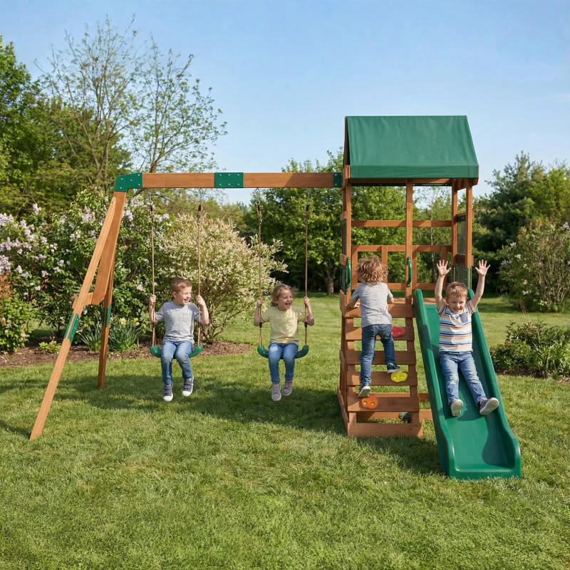 Qaba Wood Swing Set, Outdoor Playset with Slide, 2 Swings, Rock Wall and Covered Upper Deck, Kids Outdoor Playground