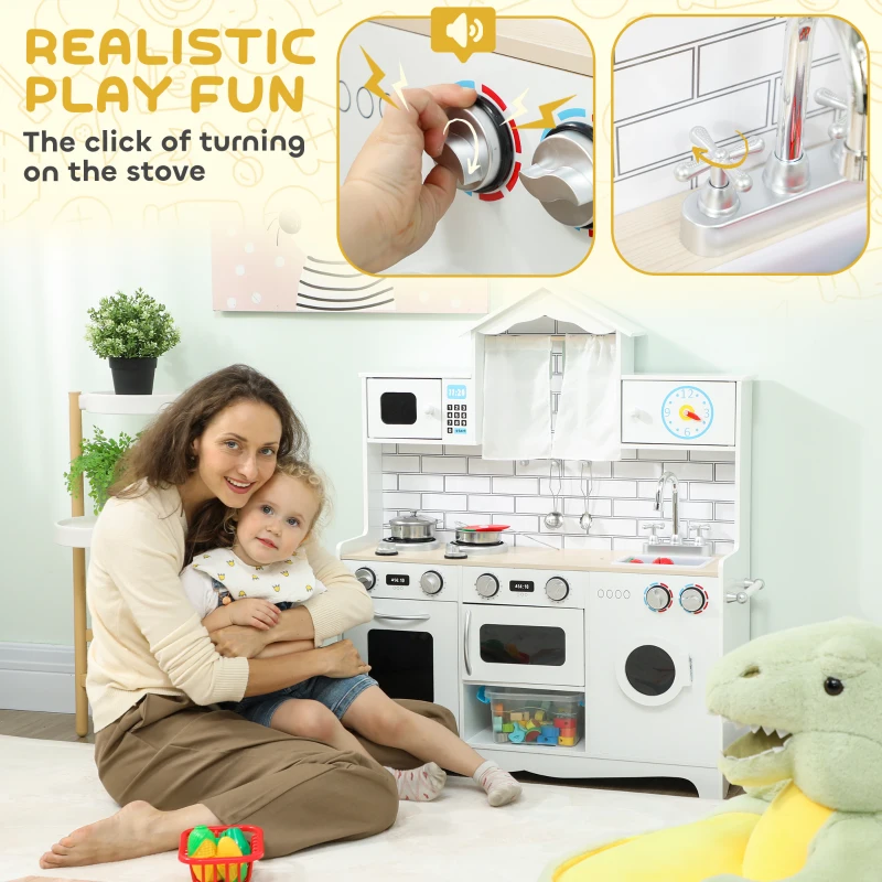 Qaba Pretend Play Kitchen for Kids, Pretend Kids Kitchen Playset with Switch Knob Sound, Clock, for Ages 3-6 Years, White