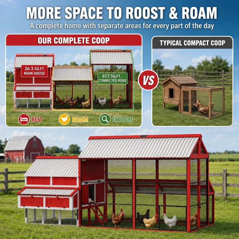 PawHut 187.3" Large Chicken Coop, Walk-in Wooden Hen House, Outdoor Poultry Cage with Run, Weatherproof Roof, Nesting Box