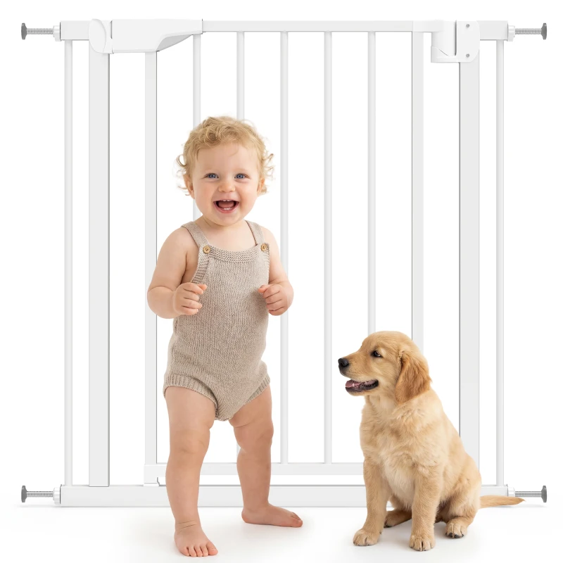 PawHut Baby Gate, Pet Safety Gate Pressure Fit, 30"-32" Wide with Two-Way Open, Auto-Close for Stair, Doorways, Hallways, White