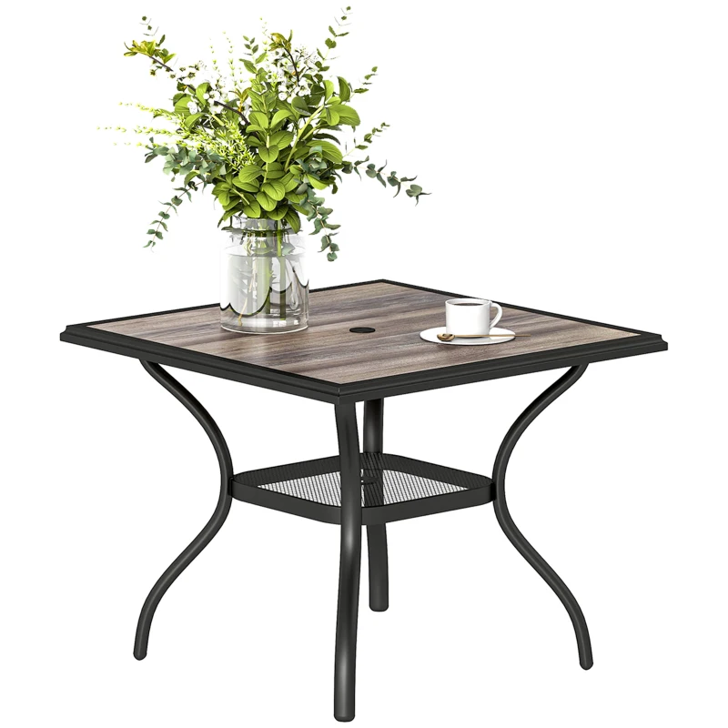 Outsunny 37" Square Outdoor Dining Table for 4, Patio Table with Umbrella Hole, Shelf, Faux Wood Top for Garden, Backyard, Gray