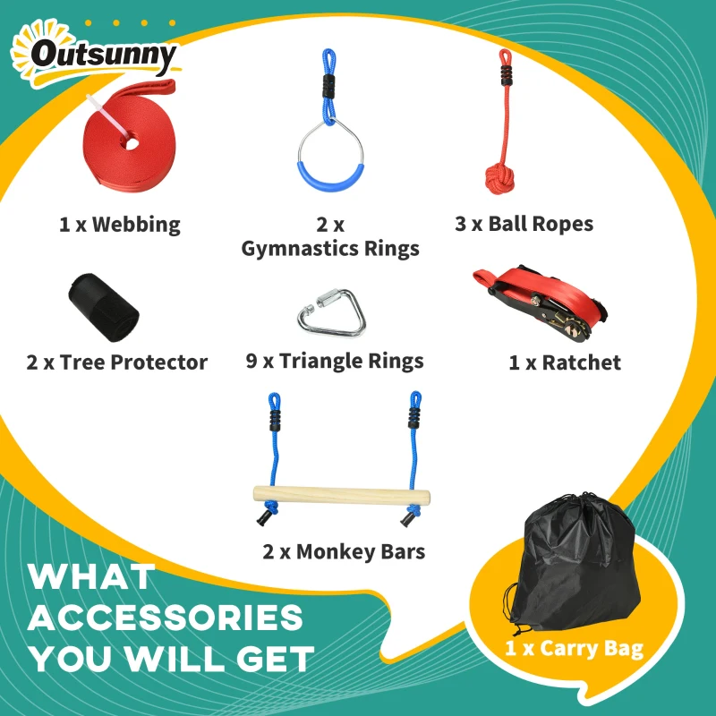 Outsunny Ninja Slackline Set, 30-Piece, 10m Rope with Obstacles, Climbing Frame, Playset Equipment for Children Aged 3-6