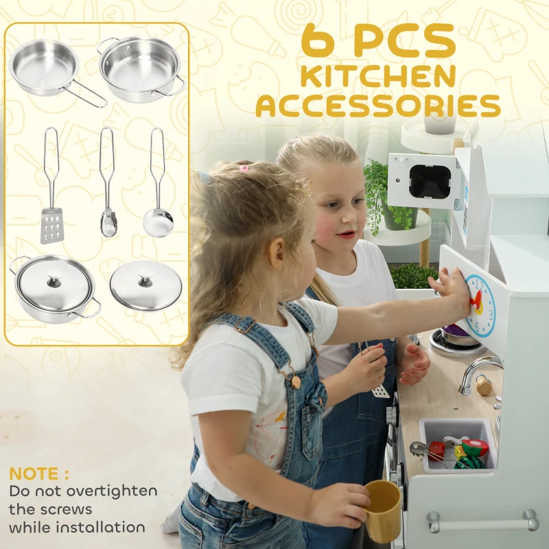 Qaba Pretend Play Kitchen for Kids, Pretend Kids Kitchen Playset with Switch Knob Sound, Clock, for Ages 3-6 Years, White