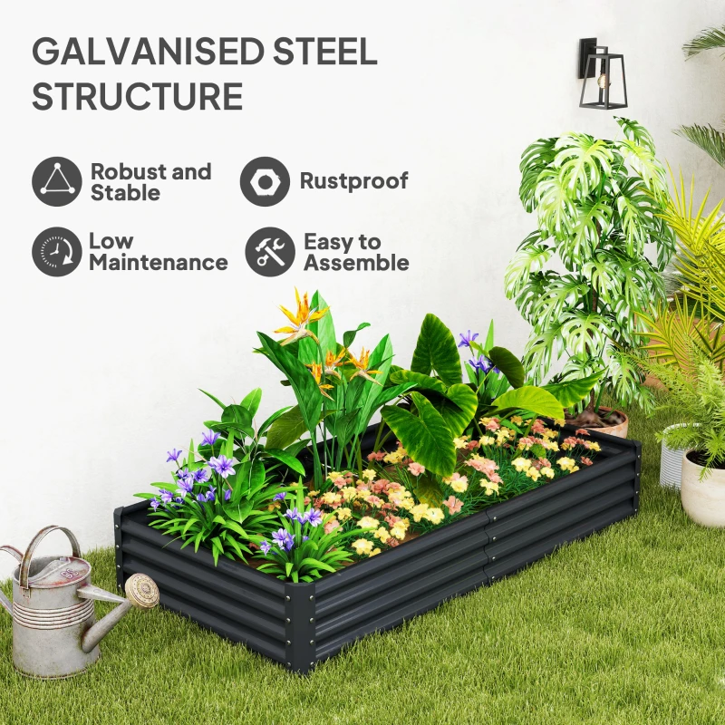 Outsunny 6 x 3 x 1ft Galvanized Raised Garden Bed, Reinforced Outdoor Planter Box with Open Bottom, Dark Grey