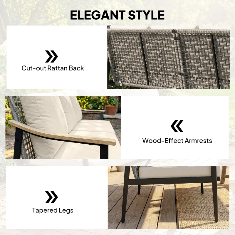 Outsunny 3 Seater Outdoor Patio Sofa, Outdoor Couch with Wood-Effect Armrests, Wicker Backrest, Cushions for Garden Yard, Khaki