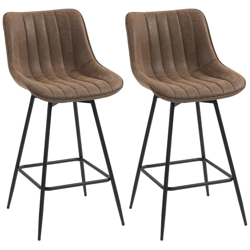 HOMCOM Set of 2 Counter Height Barstools, PU Leather Upholstered Bar Stools with Backrest, Footrest and Steel Legs, Brown