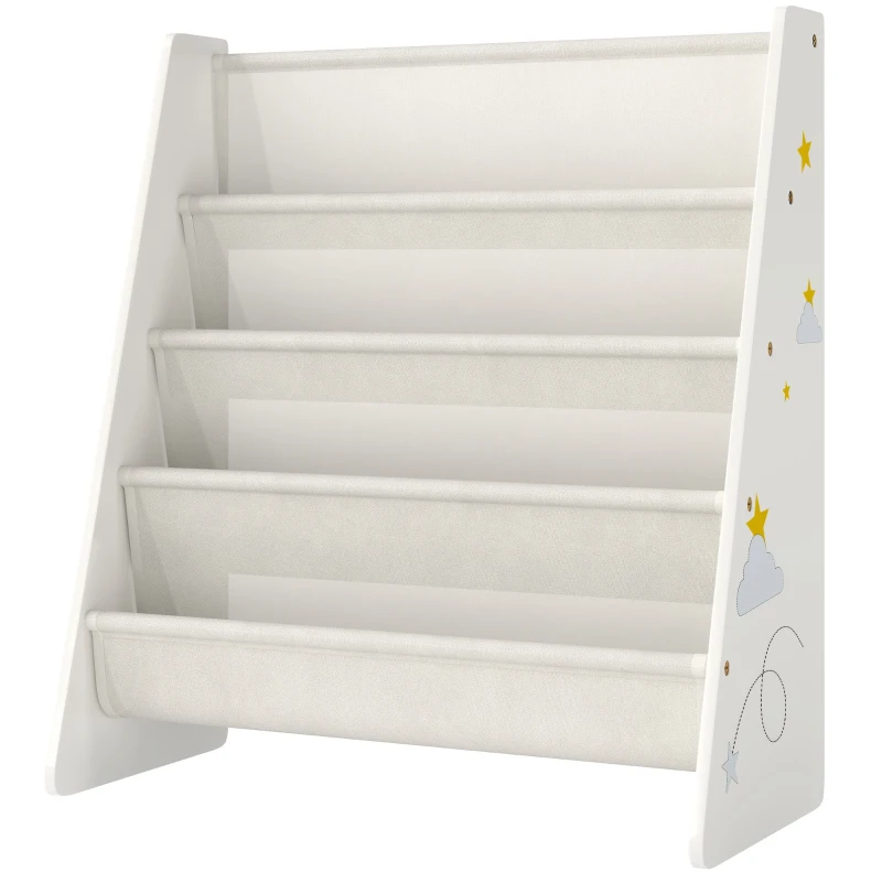 Qaba Fabric Kids Bookshelf, 4-Tier Toddler Sling Book Rack for Playroom, Bedroom, Nursery and Kids Room for Ages 3-6, White