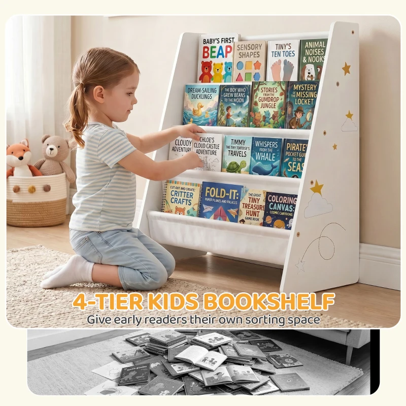 Qaba Fabric Kids Bookshelf, 4-Tier Toddler Sling Book Rack for Playroom, Bedroom, Nursery and Kids Room for Ages 3-6, White
