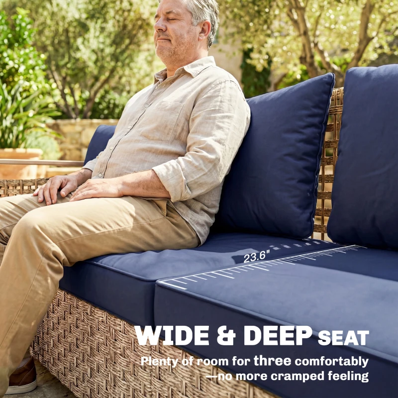 Outsunny Rattan Wicker Sofa 3-Seater Outdoor Patio Sofa with Cushions for Garden Backyard Porch Dark Blue