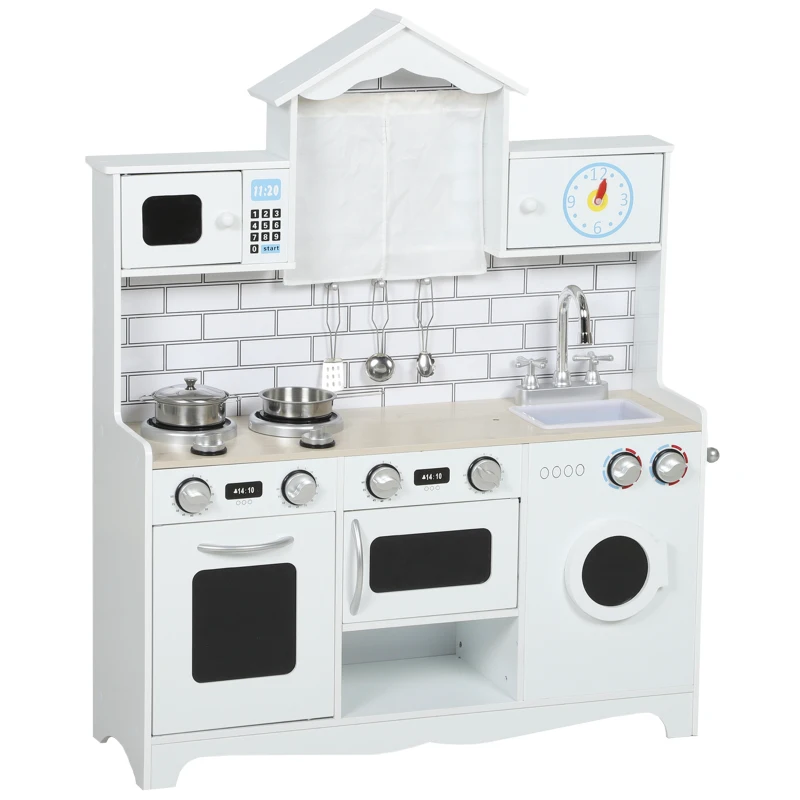 Qaba Pretend Play Kitchen for Kids, Pretend Kids Kitchen Playset with Switch Knob Sound, Clock, for Ages 3-6 Years, White