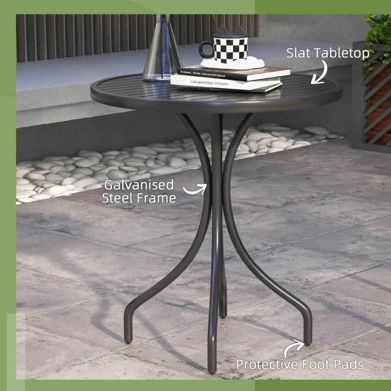 Outsunny 26" Round Patio Table, Outdoor Side Table with Steel Frame and Slat Tabletop for Garden, Balcony, Black