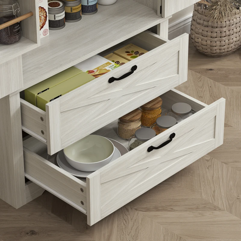 HOMCOM Farmhouse Kitchen Pantry Storage Cabinet, 64" Freestanding Kitchen Pantry Cabinet with Drawers, Distressed White