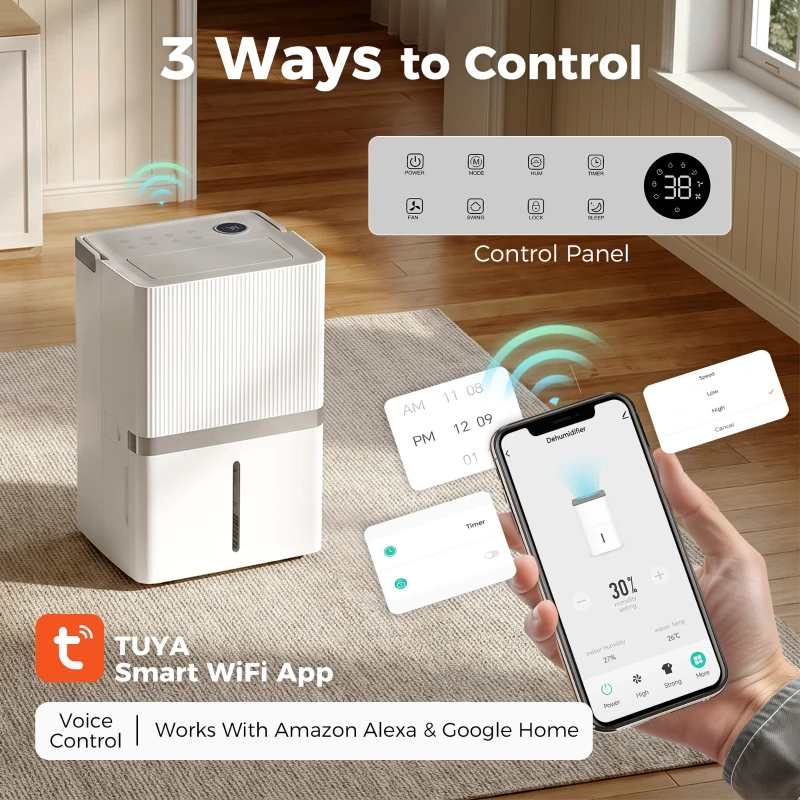 HOMCOM 100 Pint Smart Dehumidifier, 5,200 Sq. Ft., WiFi Large Dehumidifier with App, Alexa, Google Voice Control, Drain Hose