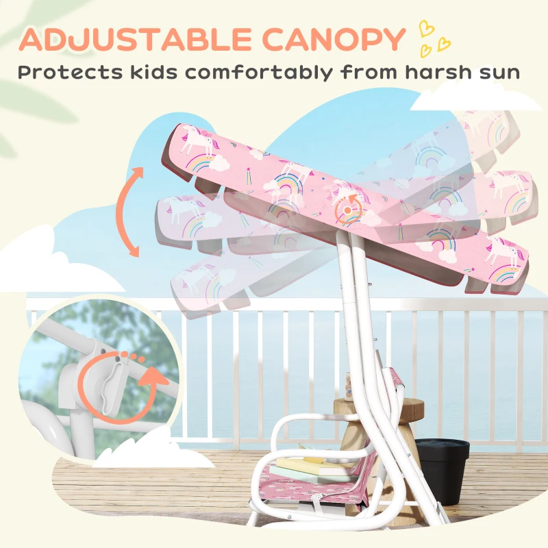 Qaba Kids Porch Swing, 2-Seater Patio Swing Bench with Safety Belts, Adjustable Canopy for Backyard, Garden, Pink
