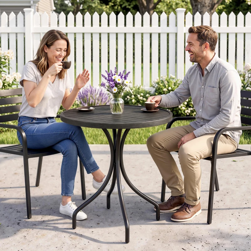 Outsunny 26" Round Patio Table, Outdoor Side Table with Steel Frame and Slat Tabletop for Garden, Backyard, Distressed Gray