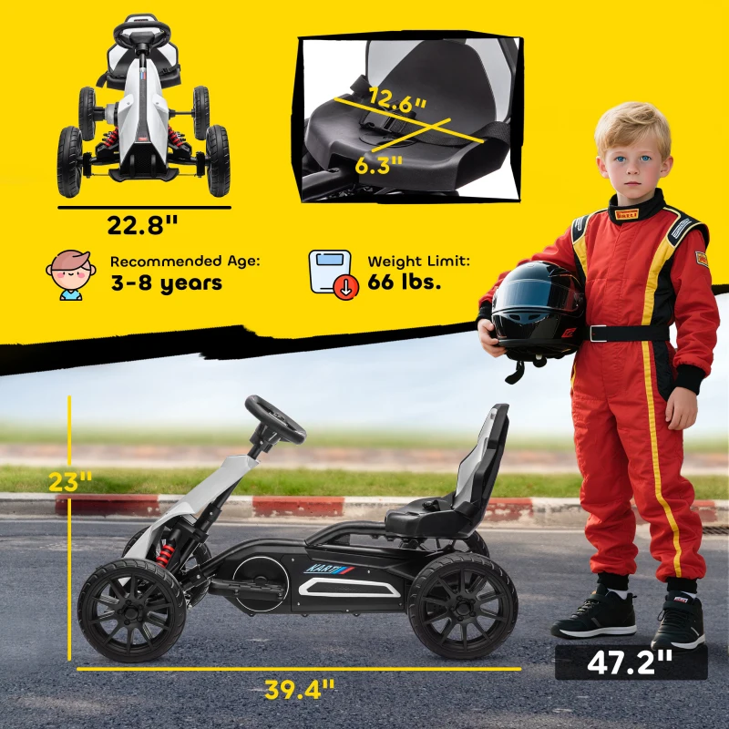 Aosom 12V Electric Go Kart for Kids, Ride On Toy with EVA Tires, 2 Speeds, Adjustable Seat, Safety Belt for 3-8 Years, White