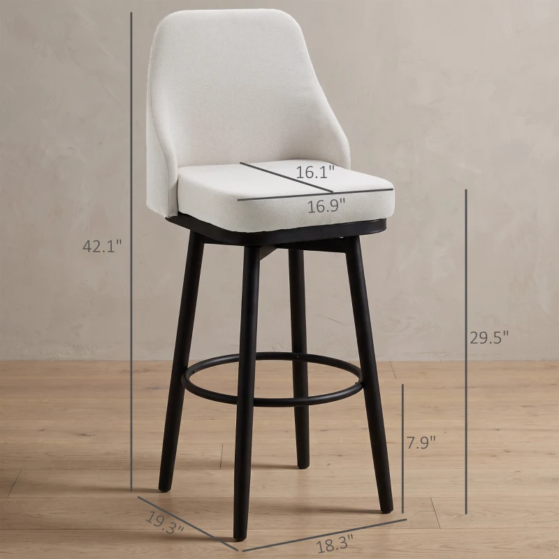 HOMCOM Bar Height Bar Stools Set of 2, Modern 360° Swivel Kitchen Chairs with Steel Legs and Footrest, 29.5 Inch Seat Height Upholstered Barstools for Kitchen Island, Cream White