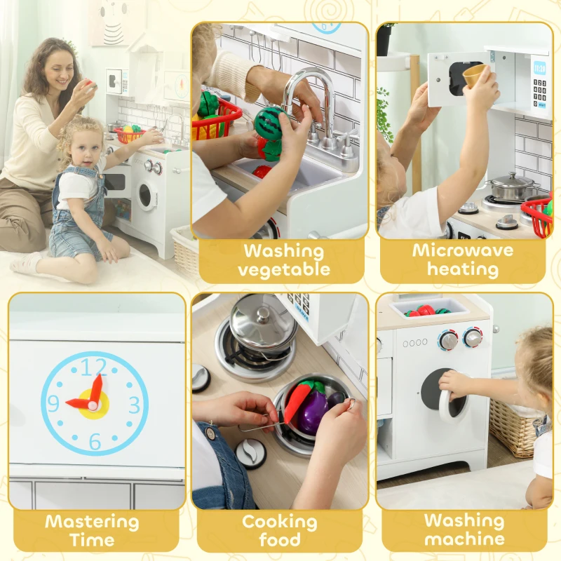 Qaba Pretend Play Kitchen for Kids, Pretend Kids Kitchen Playset with Switch Knob Sound, Clock, for Ages 3-6 Years, White