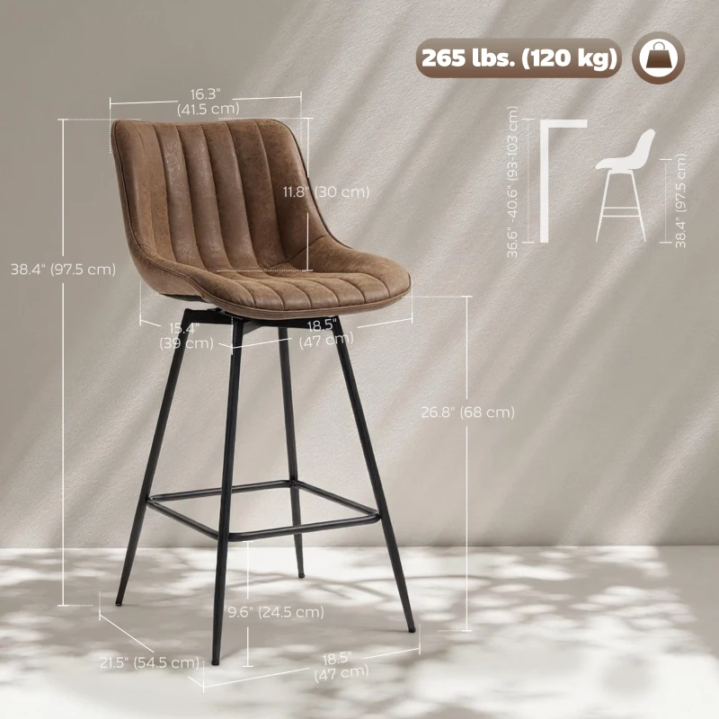 HOMCOM Set of 2 Counter Height Barstools, PU Leather Upholstered Bar Stools with Backrest, Footrest and Steel Legs, Brown