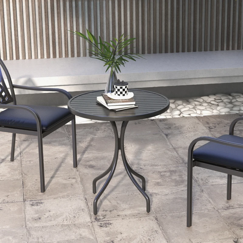 Outsunny 26" Round Patio Table, Outdoor Side Table with Steel Frame and Slat Tabletop for Garden, Balcony, Black