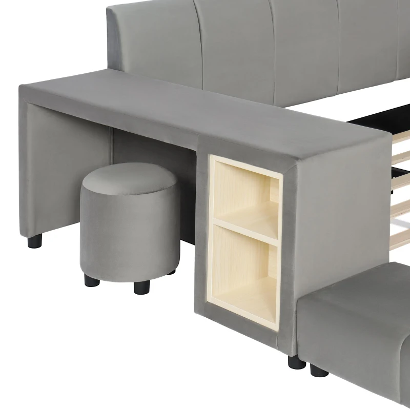 Queen-Size Upholstered Platform Bed with Bedside Desk and Stool, Cozy Bed Frame with Streamlined Structure, 84.5" L x 74" W x 28" H, Gray