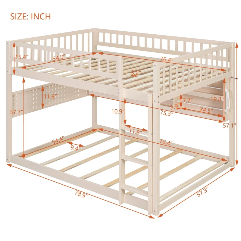 Full Over Full Bunk Bed with Convenient Storage Headboard, Unique Bed Frame with Multi-Color Light Strip, 79" L x 57.5" W x 57" H, Beige